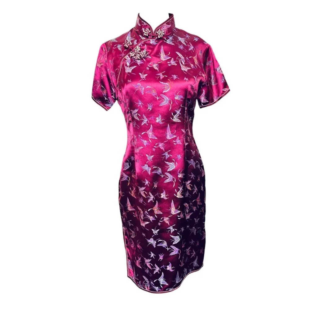 Vintage Satin Cheongsam Dress Short Sleeve Knee Length Butterfly Print - Picture 1 of 8
